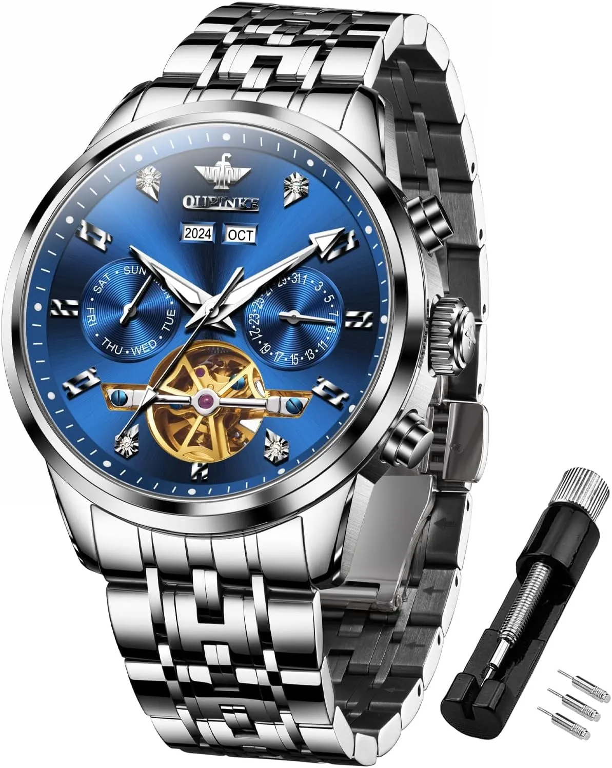 OUPINKE Automatic Watches for Men Luxury Stainless Steel Sapphire Calendar Big Face Self Winding Casual Male Wristwatch