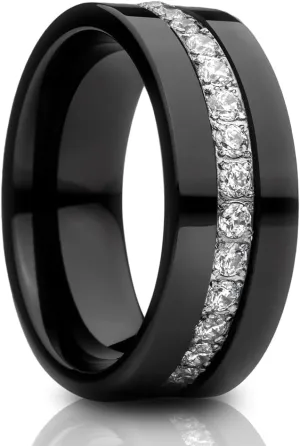 OVIEDO JEWELRY Black Tungsten Wedding Ring,8mm Wedding Band,Man's Carbide,Engagement,Anniversary,Comfort Fit,Man or Woman Jewelry,Unique Style,CZ Diamond,Flat Shape