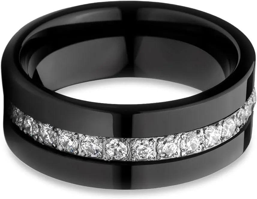 OVIEDO JEWELRY Black Tungsten Wedding Ring,8mm Wedding Band,Man's Carbide,Engagement,Anniversary,Comfort Fit,Man or Woman Jewelry,Unique Style,CZ Diamond,Flat Shape