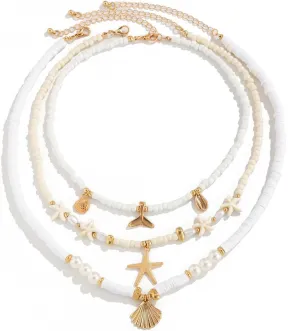 Pack of 3pcs Sea Inspired Shell Bead Necklaces Layered Neckchain Adjustable with Unique Accents for Women And