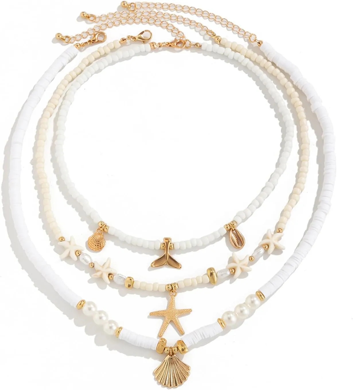 Pack of 3pcs Sea Inspired Shell Bead Necklaces Layered Neckchain Adjustable with Unique Accents for Women And