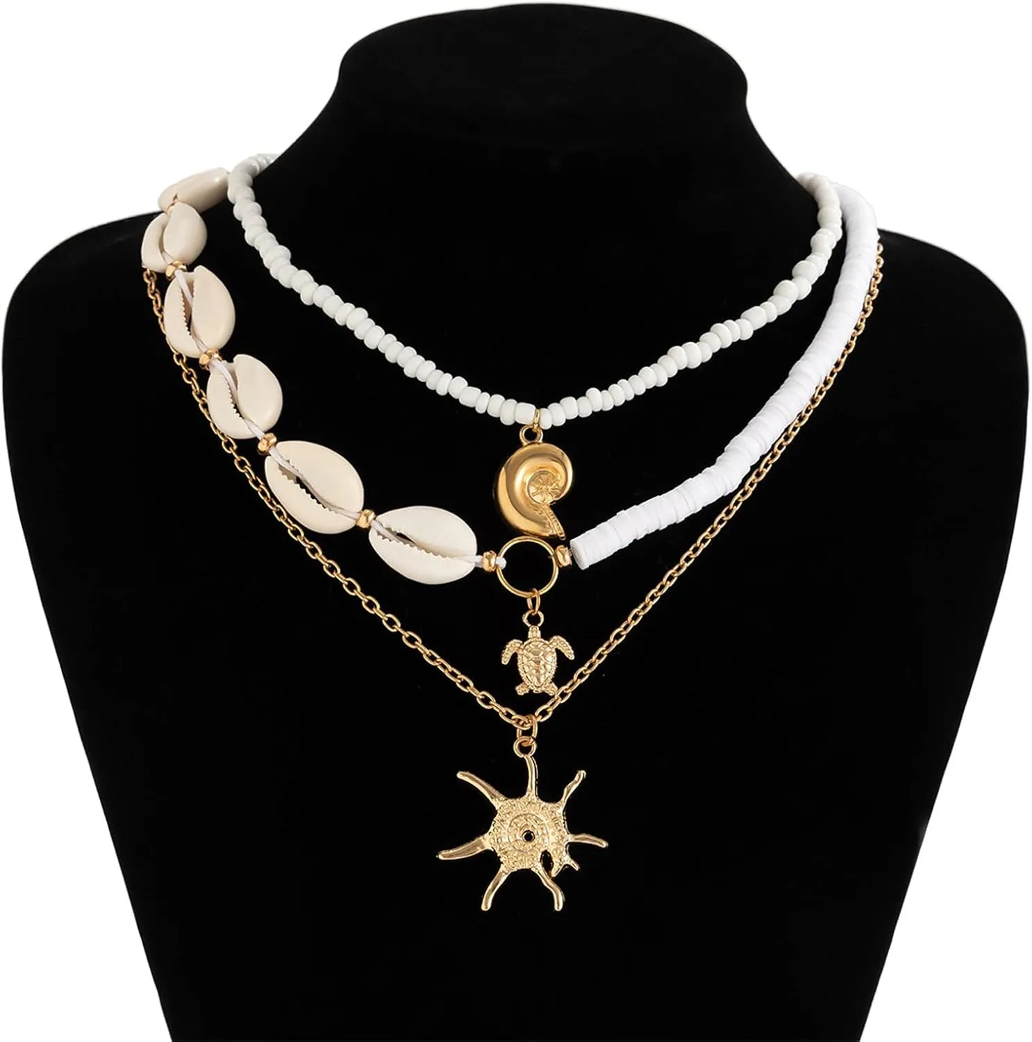 Pack of 3pcs Sea Inspired Shell Bead Necklaces Layered Neckchain Adjustable with Unique Accents for Women And
