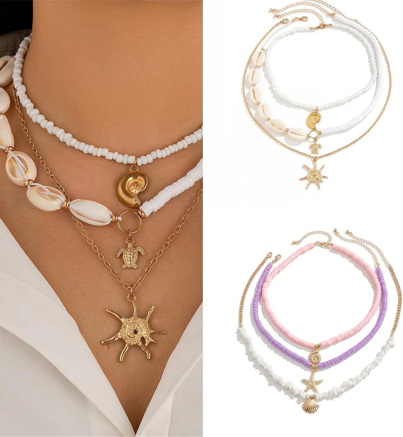 Pack of 3pcs Sea Inspired Shell Bead Necklaces Layered Neckchain Adjustable with Unique Accents for Women And