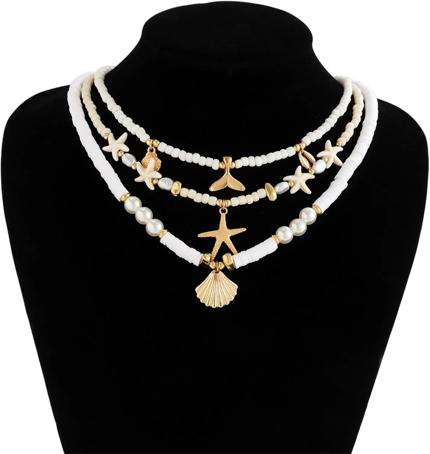 Pack of 3pcs Sea Inspired Shell Bead Necklaces Layered Neckchain Adjustable with Unique Accents for Women And