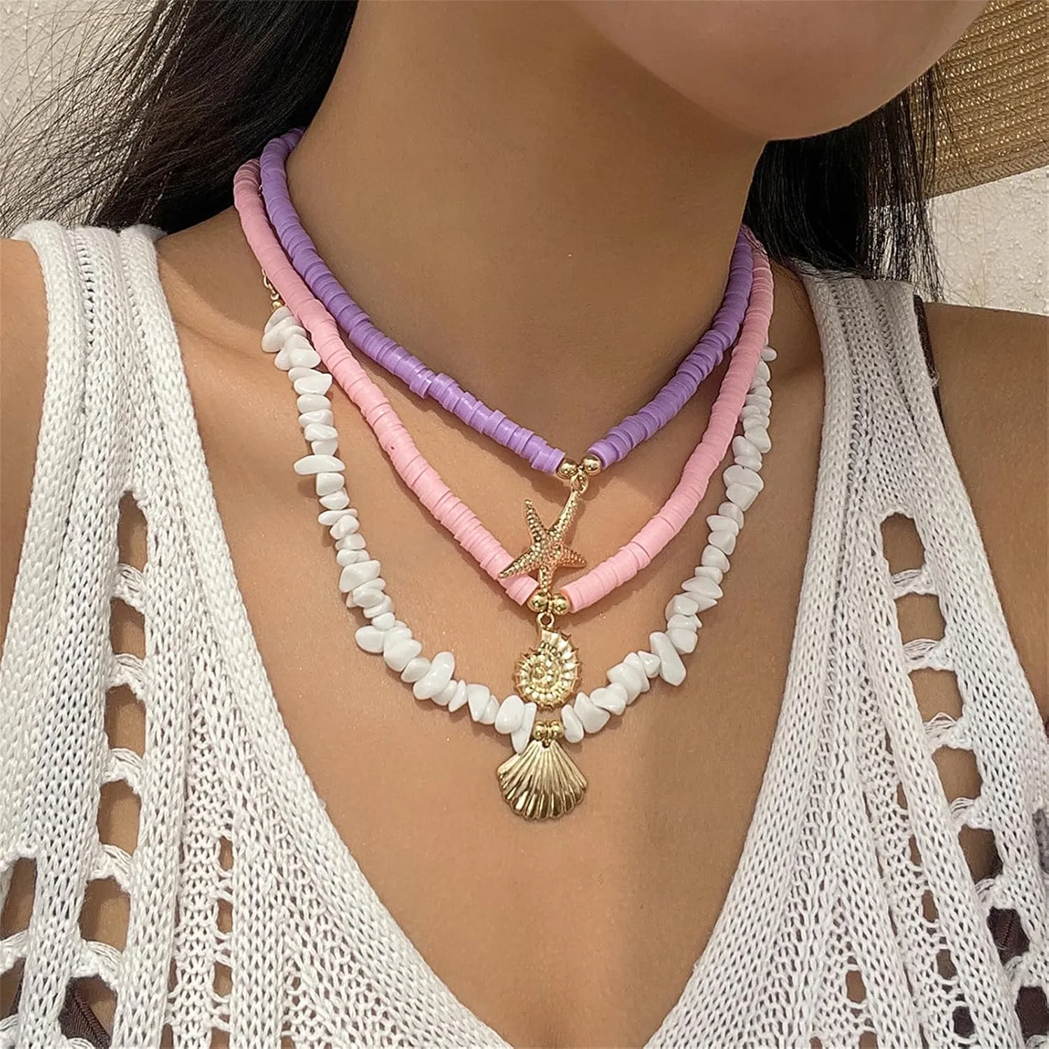 Pack of 3pcs Sea Inspired Shell Bead Necklaces Layered Neckchain Adjustable with Unique Accents for Women And