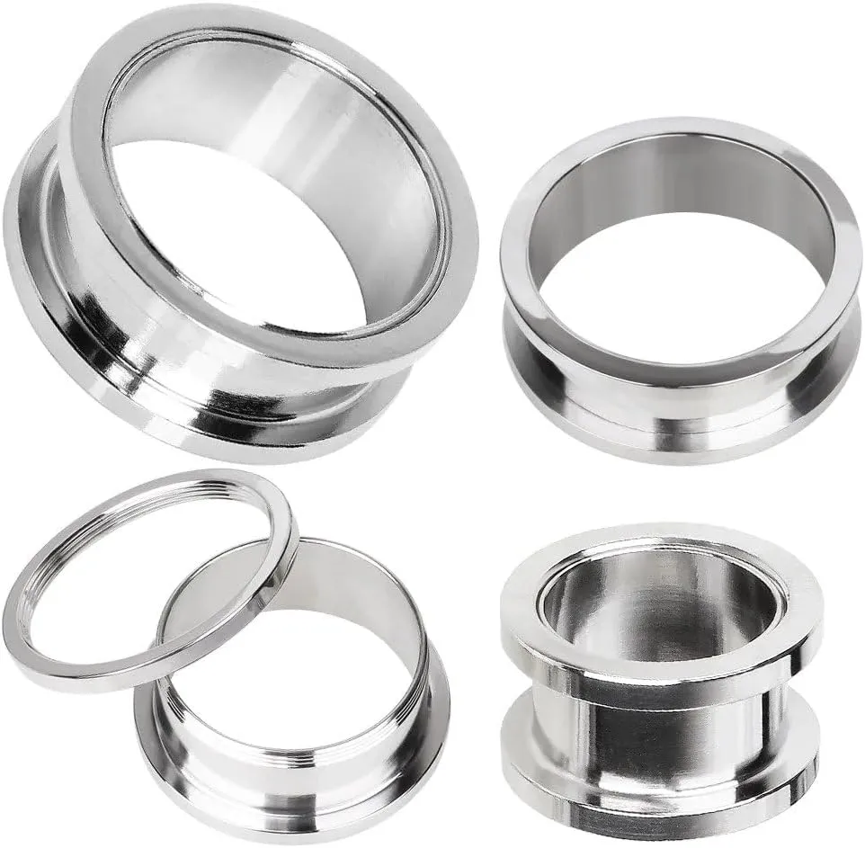 Pair (2PCS) STAINLESS STEEL SCREW FIT TUNNELS Double Flare Gauges Ear Plugs 9268, Silver, Gray, Grey