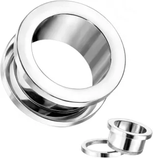 Pair (2PCS) STAINLESS STEEL SCREW FIT TUNNELS Double Flare Gauges Ear Plugs 9268, Silver, Gray, Grey
