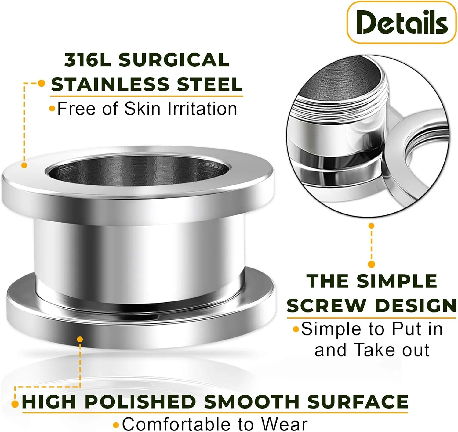 Pair of 316L Surgical Steel Polished Screw-fit Piercing Jewelry Ear Stretching Lobe Plugs flesh Tunnel Earring