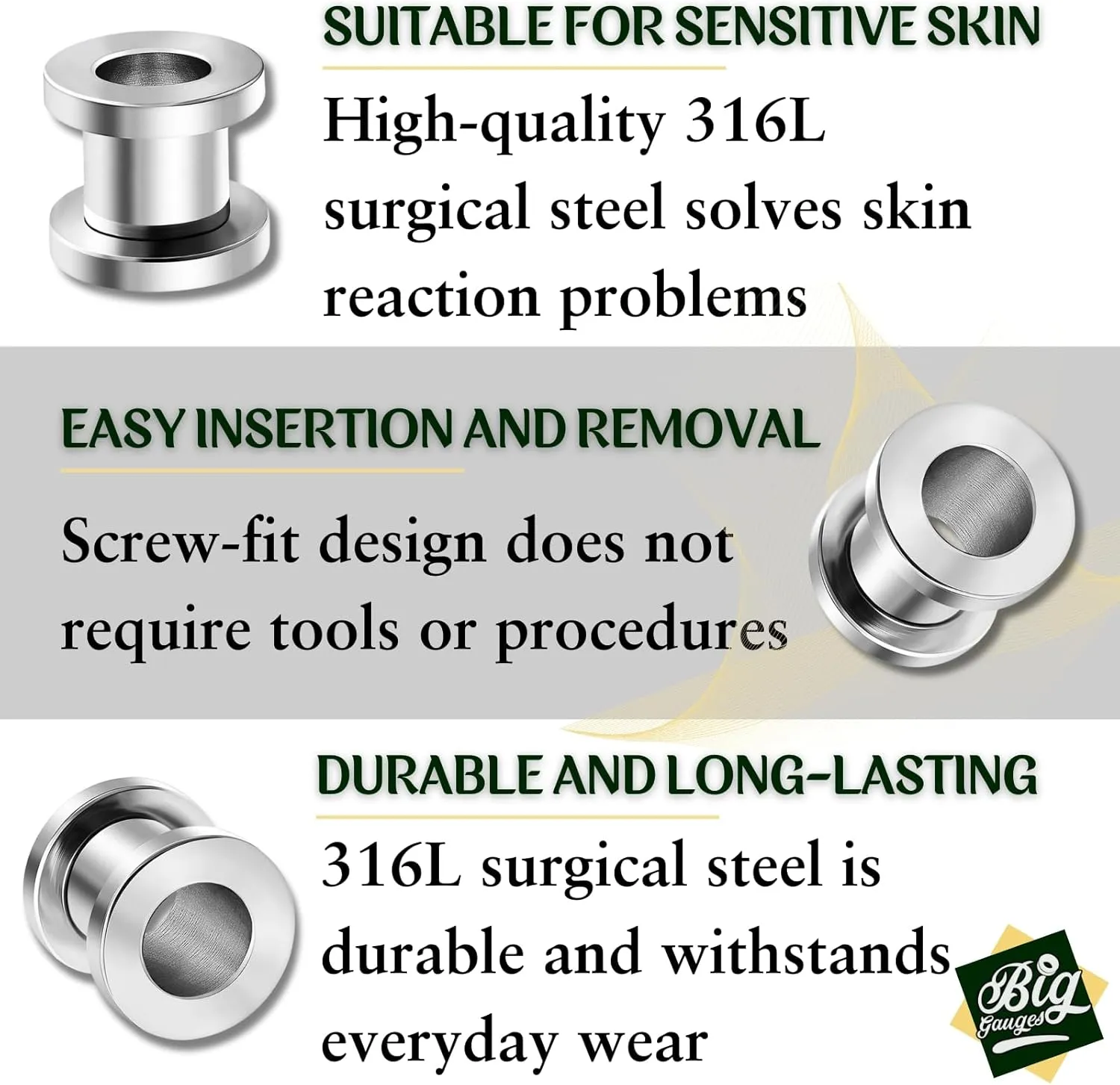 Pair of 316L Surgical Steel Polished Screw-fit Piercing Jewelry Ear Stretching Lobe Plugs flesh Tunnel Earring