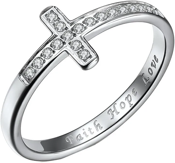 PAMTIER Women Stainless Steel Ring Sideways Cross Christian Cross Inlay Cubic Zirconia Wedding Band with Carved Faith Hope Cross Rings
