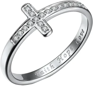 PAMTIER Women Stainless Steel Ring Sideways Cross Christian Cross Inlay Cubic Zirconia Wedding Band with Carved Faith Hope Cross Rings