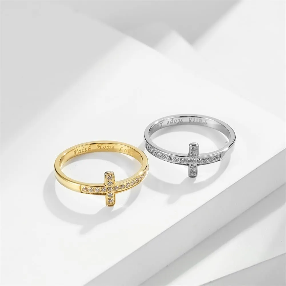 PAMTIER Women Stainless Steel Ring Sideways Cross Christian Cross Inlay Cubic Zirconia Wedding Band with Carved Faith Hope Cross Rings