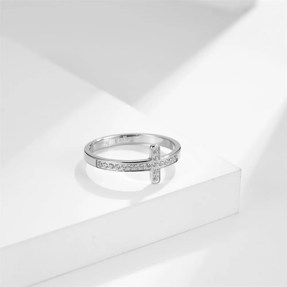 PAMTIER Women Stainless Steel Ring Sideways Cross Christian Cross Inlay Cubic Zirconia Wedding Band with Carved Faith Hope Cross Rings