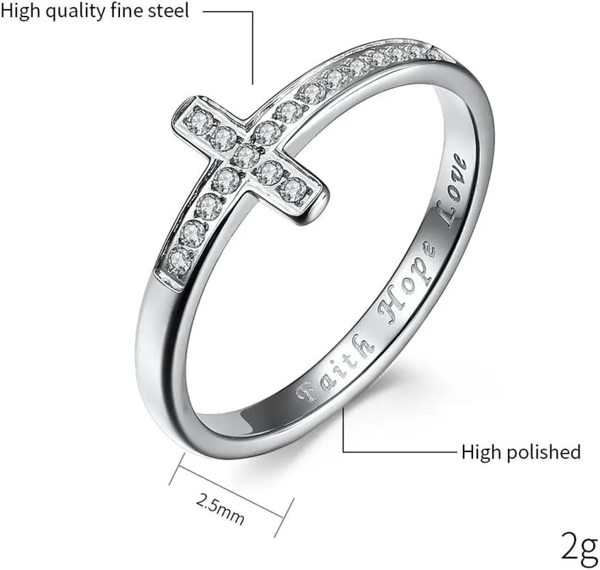 PAMTIER Women Stainless Steel Ring Sideways Cross Christian Cross Inlay Cubic Zirconia Wedding Band with Carved Faith Hope Cross Rings