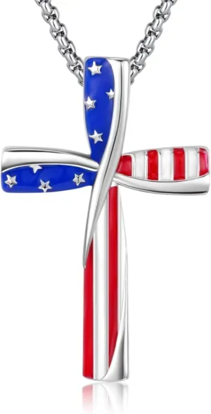 Patriotic Cross Pendant Necklace, Red White Blue Stars and Stripes, American Flag