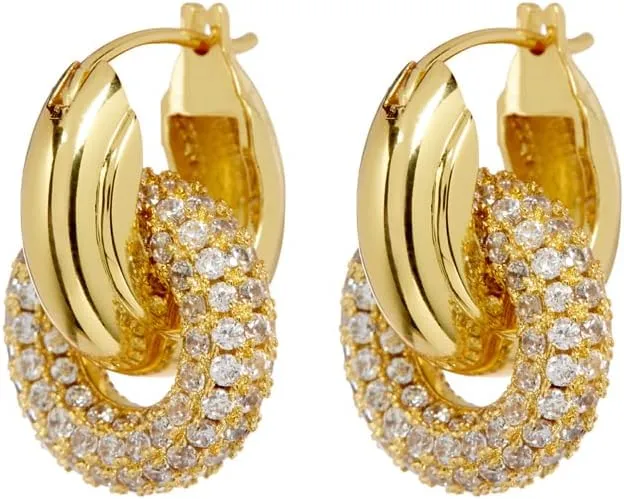 Pave Interlock Hoop Earrings in CZ and Polished 14k Antique Gold Plated