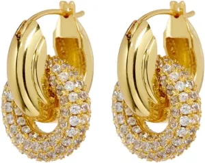 Pave Interlock Hoop Earrings in CZ and Polished 14k Antique Gold Plated