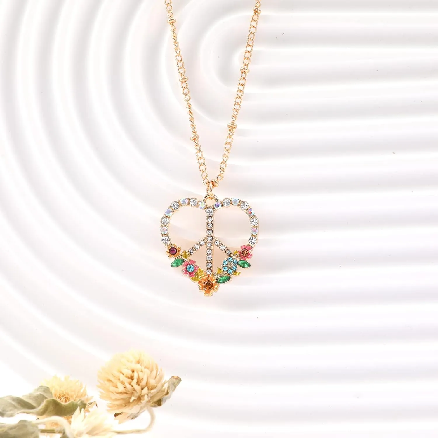 Peace Sign Heart CZ New Beginnings Lotus Necklace for Women, Heart Pendant Necklaces Flower Diamond Zirconia Love Necklace, Silver Rose Gold Chain Birthday Valentines Day Jewelry Gifts
