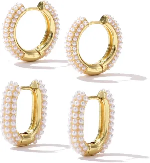 Pearl Chunky 14K Gold Plated Lightweight Hoop Earrings For Women Fashion Jewelry