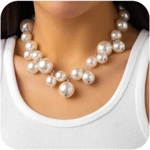 Pearl Cluster Collar Bib Choker Necklace for Women - Statement Chunky Pearl Beaded Necklace - Adjustable Wedding Party Jewelry Gifts