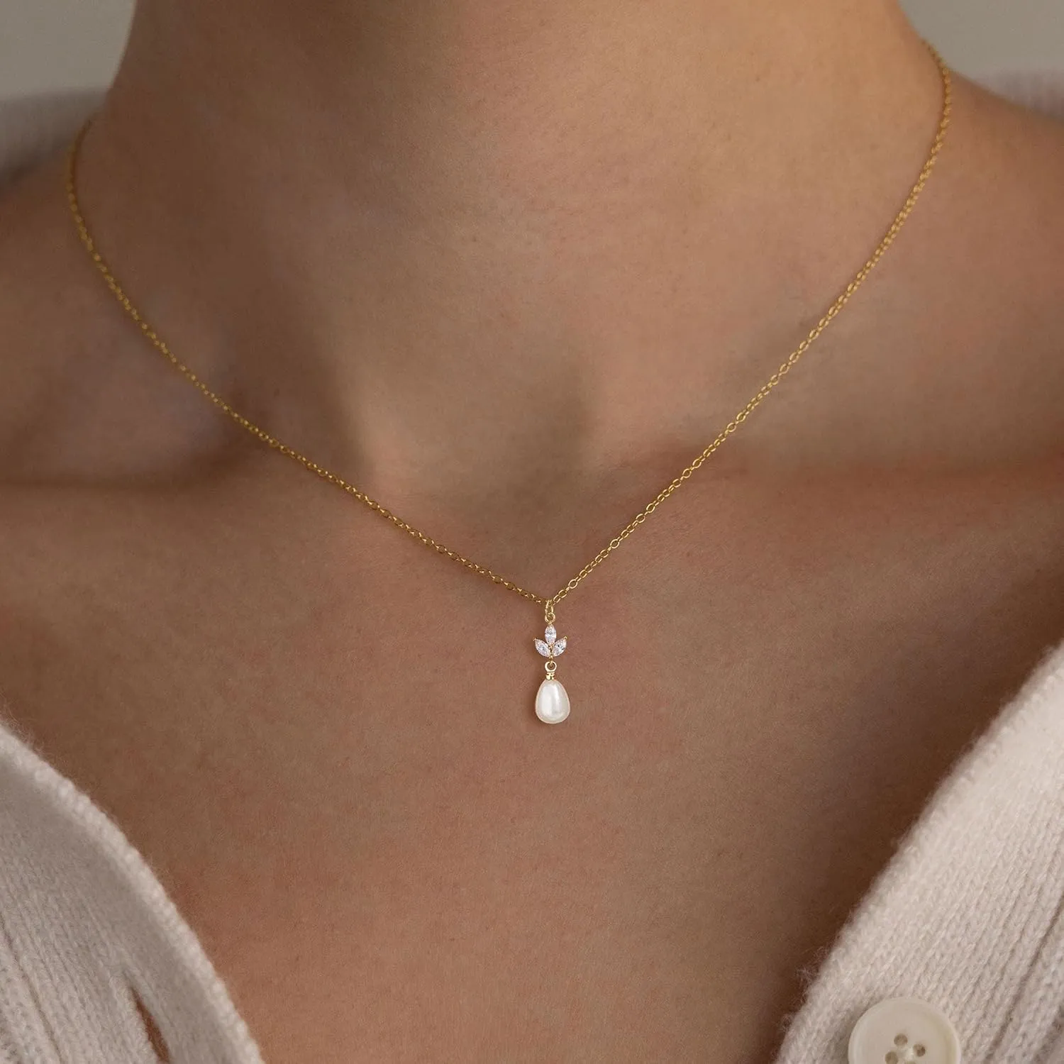 Pearl Necklace: 14K Gold-Plated Pearl Necklace for Women 16.5   2