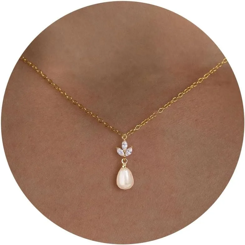 Pearl Necklace: 14K Gold-Plated Pearl Necklace for Women 16.5   2