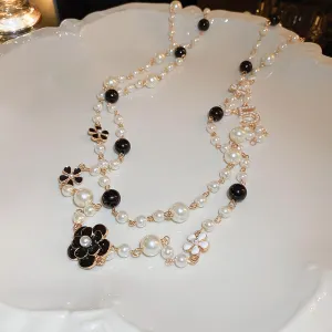 Pearl Necklace for Women Layered Camellia Chain Vintage Sweater Pendant Necklace Party Jewelry Gift,Black
