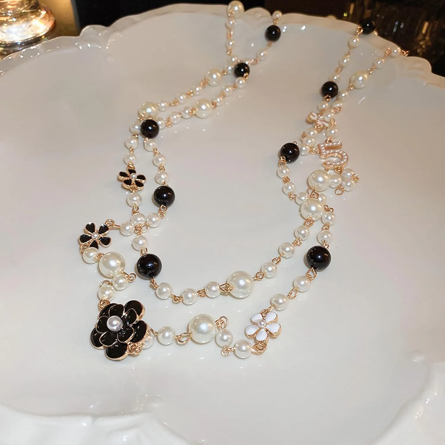 Pearl Necklace for Women Layered Camellia Chain Vintage Sweater Pendant Necklace Party Jewelry Gift,Black