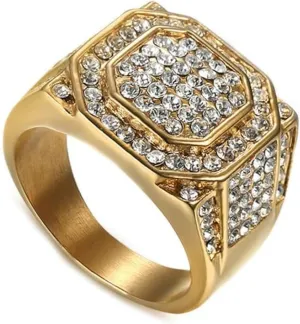 PEAS 18K Gold Plated Jewelry Full Crystal Ring Stainless Steel Signet Band Ring