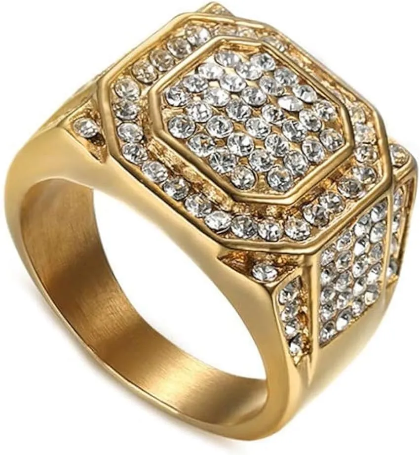 PEAS 18K Gold Plated Jewelry Full Crystal Ring Stainless Steel Signet Band Ring