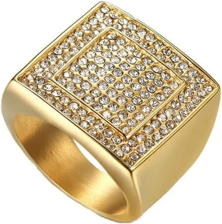 PEAS 18K Gold Plated Jewelry Stainless Steel Crystal Signet Band Ring