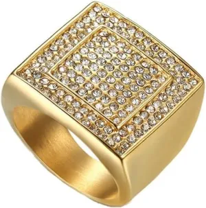 PEAS 18K Gold Plated Jewelry Stainless Steel Crystal Signet Band Ring