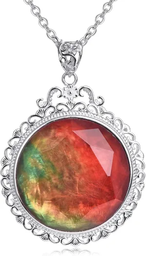 Pendant Necklace for Women,Round Rainbow Crystal Ammolite Adjustable Platinum Plated Chain Copper Necklaces Dainty Colorful Gemstone Fashion Jewelry with Gifts Box