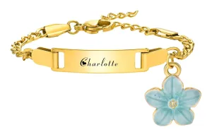 Personalize Baby Girls Boys Name and Birthdate Bracelet, Customized Gold Plated Stainless Steel Bar ID Bracelet for Babies Children Gift, Blue Flower Charm Bracelet