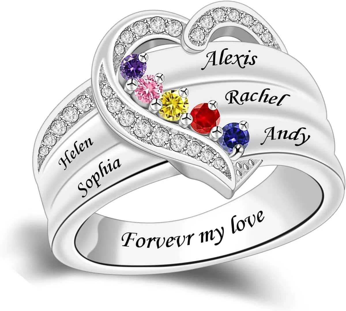 Personalized 1/2/3/4/5/6/7/8 Stones Rings for Her Heart Mother Ring with Simulated Birthstones Custom Mother Daughter Ring Jewelry for Women Engagement Name Promise Ring for Mom Wife Grandmother