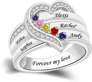 Personalized 1/2/3/4/5/6/7/8 Stones Rings for Her Heart Mother Ring with Simulated Birthstones Custom Mother Daughter Ring Jewelry for Women Engagement Name Promise Ring for Mom Wife Grandmother