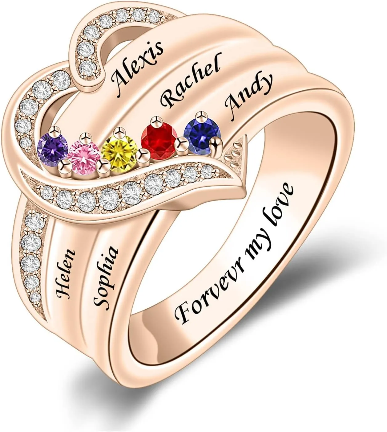 Personalized 1/2/3/4/5/6/7/8 Stones Rings for Her Heart Mother Ring with Simulated Birthstones Custom Mother Daughter Ring Jewelry for Women Engagement Name Promise Ring for Mom Wife Grandmother