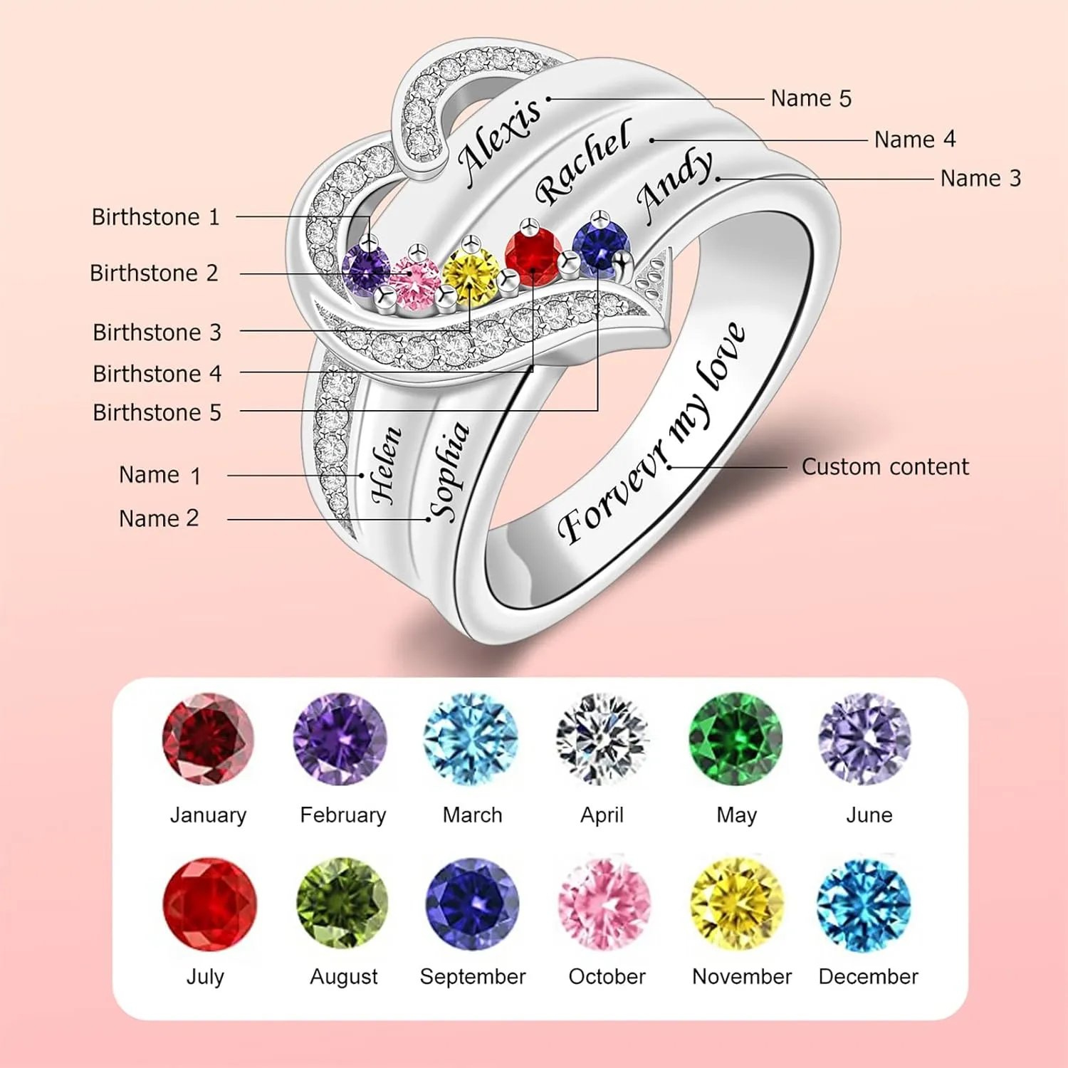 Personalized 1/2/3/4/5/6/7/8 Stones Rings for Her Heart Mother Ring with Simulated Birthstones Custom Mother Daughter Ring Jewelry for Women Engagement Name Promise Ring for Mom Wife Grandmother