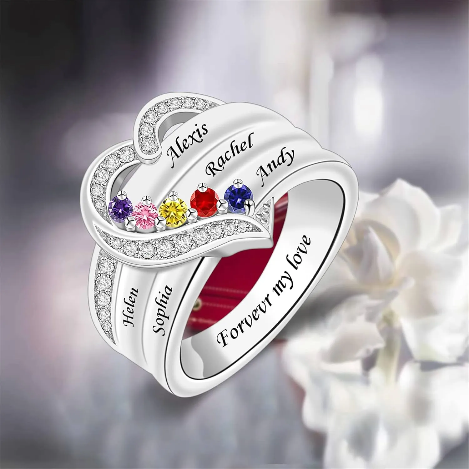 Personalized 1/2/3/4/5/6/7/8 Stones Rings for Her Heart Mother Ring with Simulated Birthstones Custom Mother Daughter Ring Jewelry for Women Engagement Name Promise Ring for Mom Wife Grandmother