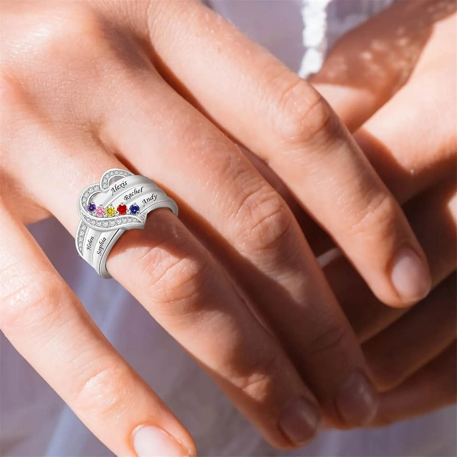Personalized 1/2/3/4/5/6/7/8 Stones Rings for Her Heart Mother Ring with Simulated Birthstones Custom Mother Daughter Ring Jewelry for Women Engagement Name Promise Ring for Mom Wife Grandmother