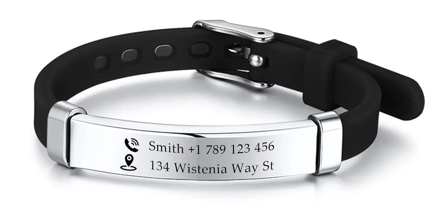Personalized Baby Girls Boys Name Birthdate Bracelet Gift, Customized Silicone Stainless Steel Bar ID Bracelet for Newborns Babies Children Gift, Engrave Emergency Contact Name Address Bracelet- Black