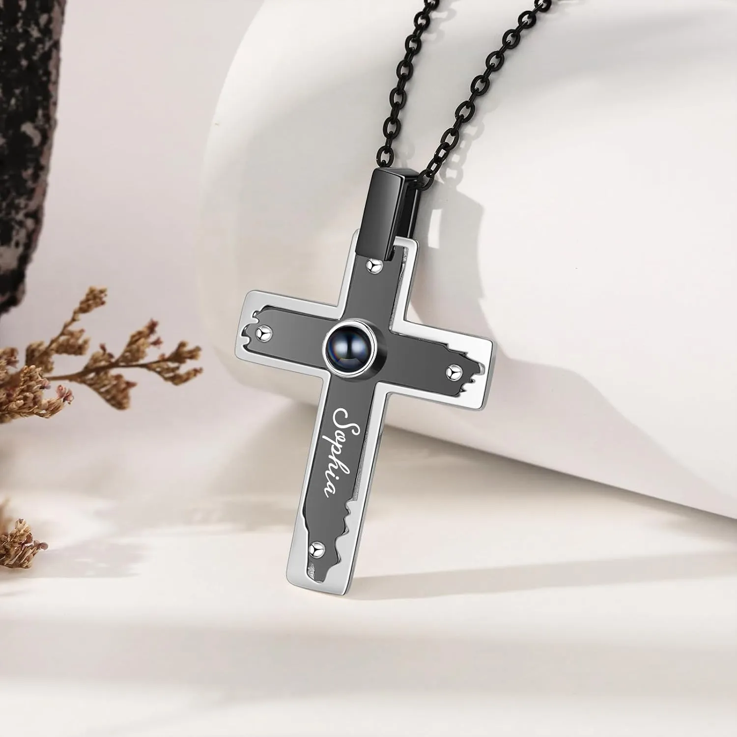 Personalized Black Necklace for Men with Custom Picture Inside, Memorial Photo Pendant Necklace with Cross or Anchor Charm, Unique Christmas Gifts for Him, Personalized Jewelry for Men
