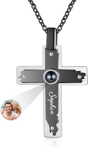 Personalized Black Necklace for Men with Custom Picture Inside, Memorial Photo Pendant Necklace with Cross or Anchor Charm, Unique Christmas Gifts for Him, Personalized Jewelry for Men
