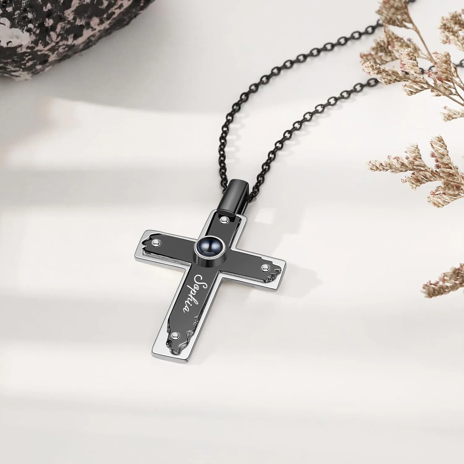Personalized Black Necklace for Men with Custom Picture Inside, Memorial Photo Pendant Necklace with Cross or Anchor Charm, Unique Christmas Gifts for Him, Personalized Jewelry for Men