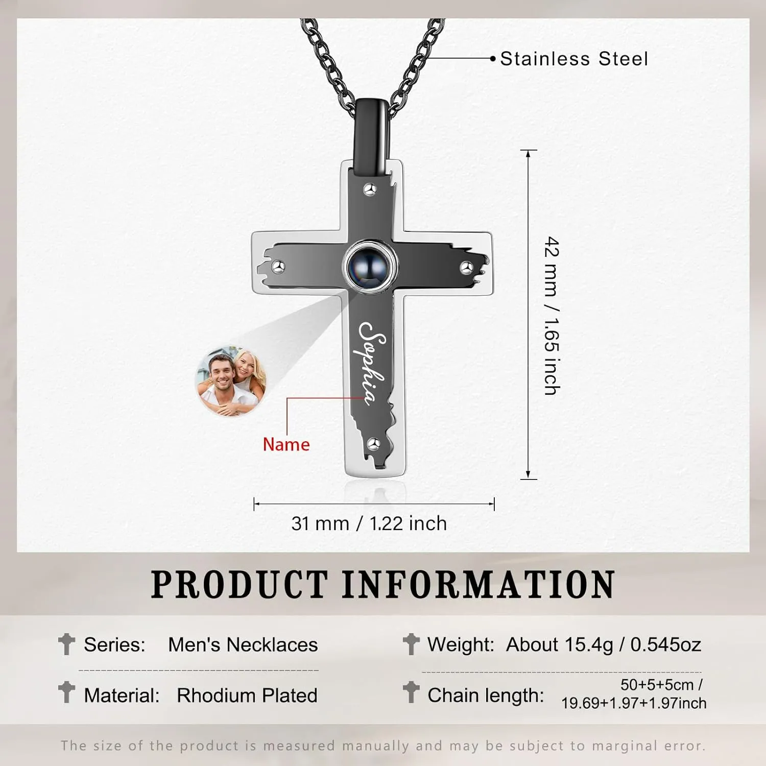 Personalized Black Necklace for Men with Custom Picture Inside, Memorial Photo Pendant Necklace with Cross or Anchor Charm, Unique Christmas Gifts for Him, Personalized Jewelry for Men