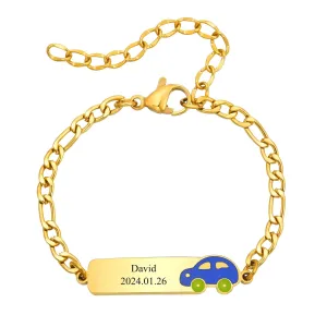 Personalized Name ID Bracelets for Baby Boys, Anti Allergy Gold Plated Stainless Steel Child Engrave Name Birthdate Bracelet, Custom Baptism Gift for Newborns Babies, Little Car Charm Girls Bracelet