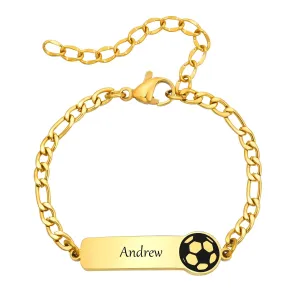 Personalized Name ID Bracelets for Baby Boys, Anti Allergy Gold Plated Stainless Steel Child Engrave Name Birthdate Bracelet, Custom Baptism Gift for Newborns Babies, Scoccer Football Charm Bracelet