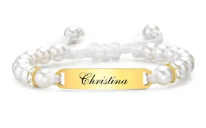 Personalized Name ID Bracelets for Baby Girls, Anti Allergy Gold Plated Stainless Steel Child Engrave Name Birthdate Bracelet, Custom Baptism Gift for Newborns Babies,Pearl Beads Girls Boys Bracelet