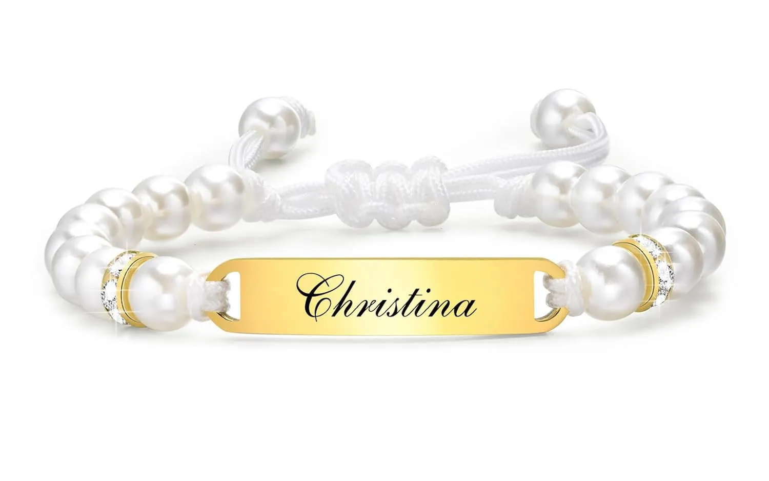 Personalized Name ID Bracelets for Baby Girls, Anti Allergy Gold Plated Stainless Steel Child Engrave Name Birthdate Bracelet, Custom Baptism Gift for Newborns Babies,Pearl Beads Girls Boys Bracelet