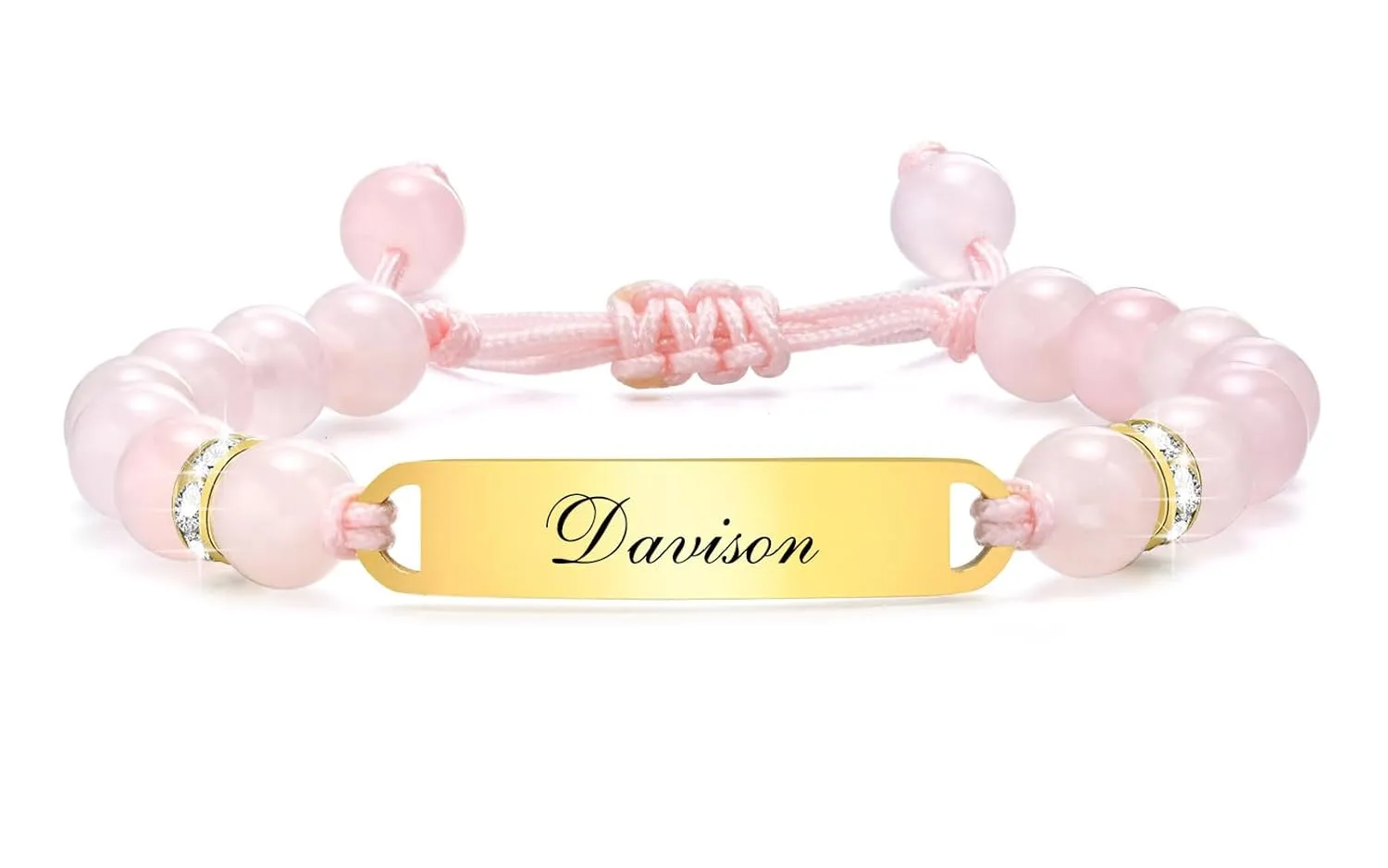 Personalized Name ID Bracelets for Baby Girls, Anti Allergy Gold Plated Stainless Steel Child Engrave Name Birthdate Bracelet, Custom Baptism Gift for Newborns Babies,Pink Beads Girls Boys Bracelet